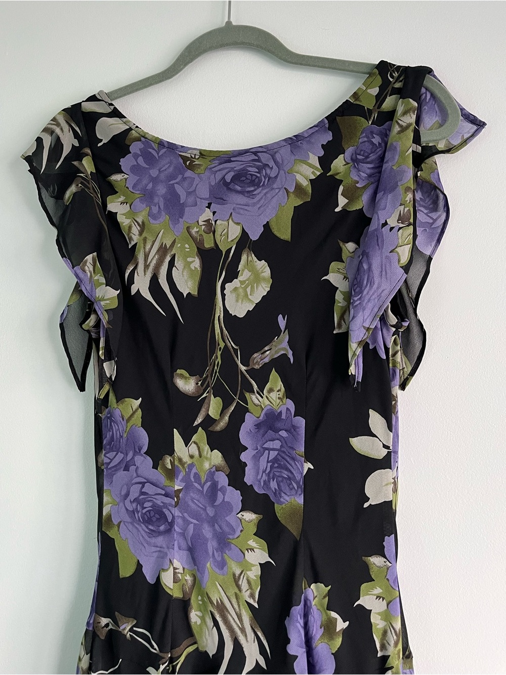 90s Y2K Jessica Black & Purple Floral Whimsical Flowy Fairy Midi Cowl Neck Dress - Picture 6 of 16